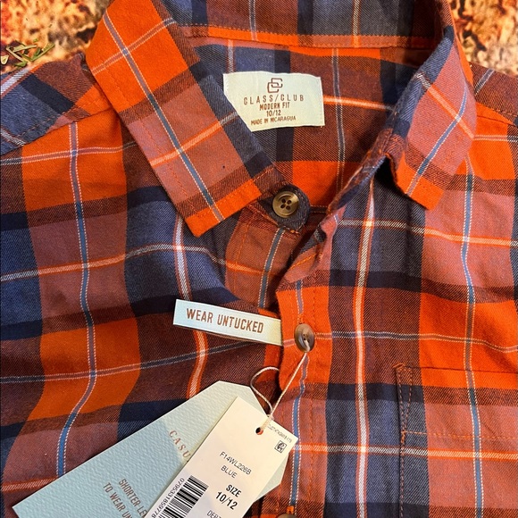 NWT Boys Class Club Blue & Orange Plaid Button-Up Shirt - Picture 2 of 7
